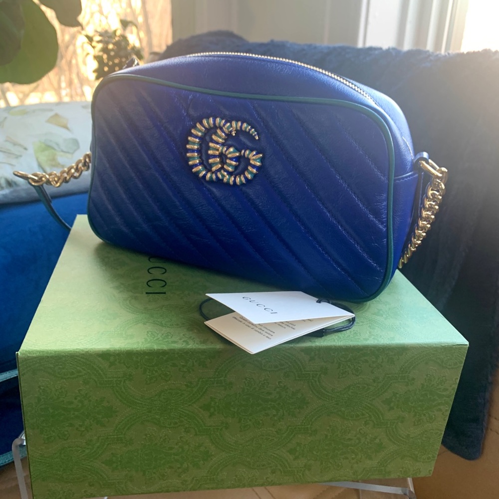 GUCCI Marmont GG small blue Metalasse Leather Shoulder bag OBO
